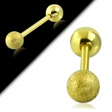 Acél tragus piercing - sima és homokszemcsés golyó, arany színben, 16 mm