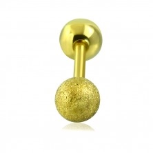 Acél tragus piercing - sima és homokszemcsés golyó, arany színben, 16 mm
