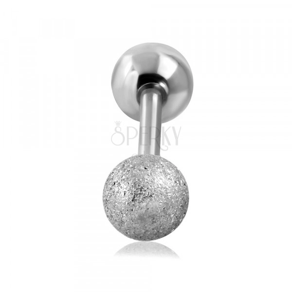 Acél tragus piercing - sima és homokszemcsés golyó, ezüst színben, 16 mm