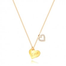 9K sárga arany nyaklánc - szív alakzat "Love" felirattal, szív cirkóniákkal