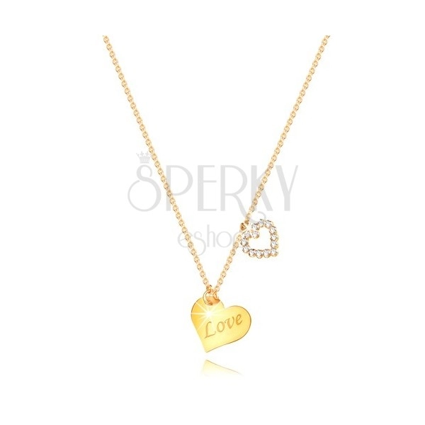 9K sárga arany nyaklánc - szív alakzat "Love" felirattal, szív cirkóniákkal