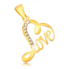 9K sárga arany medál - szív alakzat "Love" felirattal, átlátszó cirkóniák