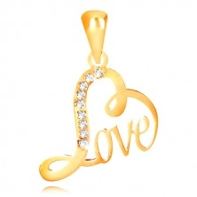 9K sárga arany medál - szív alakzat "Love" felirattal, átlátszó cirkóniák