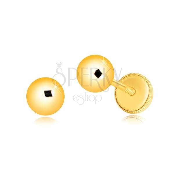 585 sárga arany fülbevaló - egyszerű fényes gyöngy, menetes stekkerrel, 5 mm