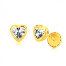 585 sárga arany fülbevaló - fényes szimmetrikus szív, szív alakú cirkónia, menetes stekker