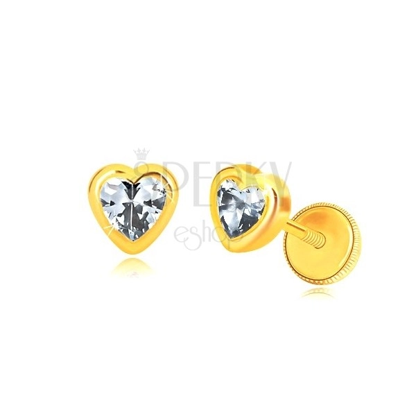 585 sárga arany fülbevaló - fényes szimmetrikus szív, szív alakú cirkónia, menetes stekker