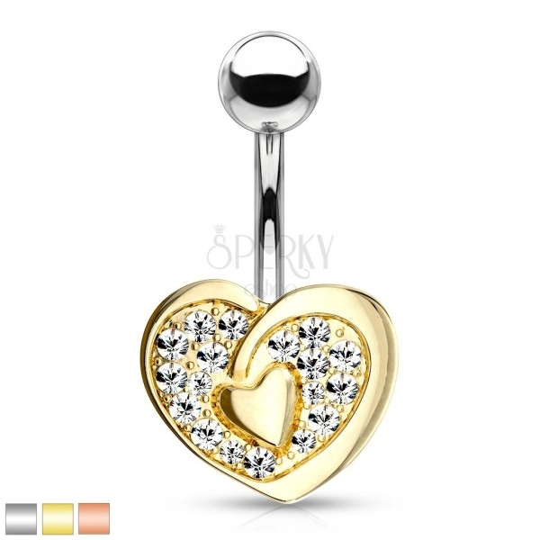 316L acél köldök piercing - szív alakzat középen egy kisebb szívvel, csillogó cirkóniák