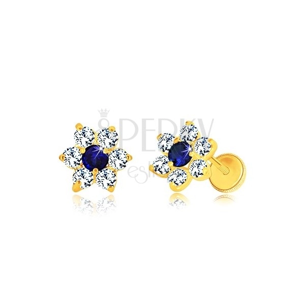 585 arany fülbevaló - virág alakzat cirkóniákkal, középen kék zafír cirkóniával, stekkeres