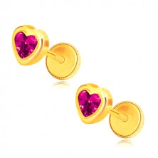 14K sárga arany fülbevaló - fukszia színű szív cirkónia, stekkeres