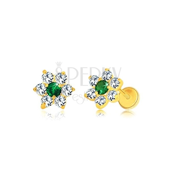 585 arany fülbevaló - cirkónia virág, középen smaragd zöld cirkóniával, stekkeres