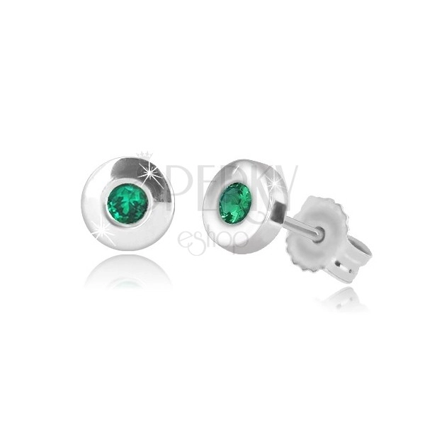 9k fehér arany fülbevaló - fényes kör smaragdzöld cirkóniával, 4,5 mm