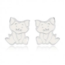 925 ezüst fülbevaló - ülő cica, részletes kidolgozás fehér fénymázas felület