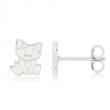 925 ezüst fülbevaló - ülő cica, részletes kidolgozás fehér fénymázas felület