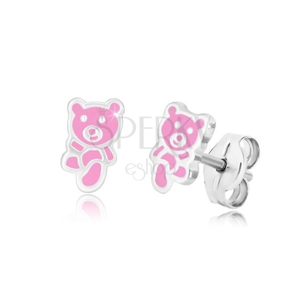 925 ezüst fülbevaló - sétáló medve, rózsaszín fénymázzal, stekkerek