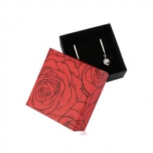 Ajándékdobozka fekete-piros színben két gyűrűre vagy fülbevalóra - nyíló rózsa