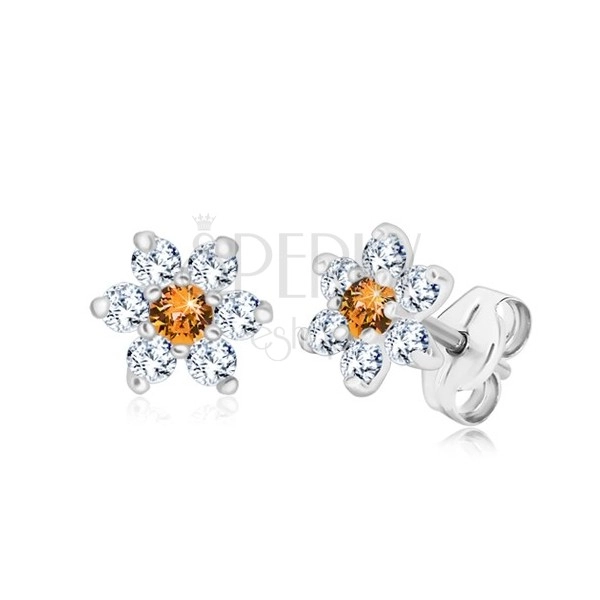 925 ezüst fülbevaló - csillogó cirkónia virág méz-narancssárga középpel