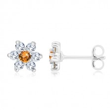 925 ezüst fülbevaló - csillogó cirkónia virág méz-narancssárga középpel
