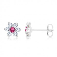 925 ezüst fülbevaló - csillogó átlátszó virág, rózsaszín cirkónia középen, beszúrós fülbevaló