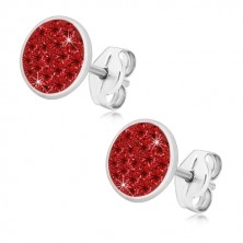 925 ezüst fülbevaló - csillogó kör piros cirkóniákkal kirakva