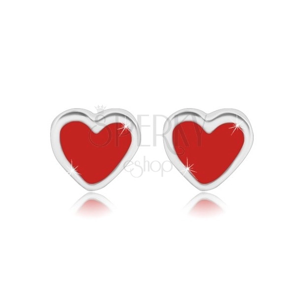 925 ezüst fülbevaló -  szimmetrikus szív piros mázzal, stekkeres