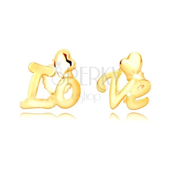 9K sárga arany fülbevaló - szétválasztott felirat "Love",szabálytalan szív