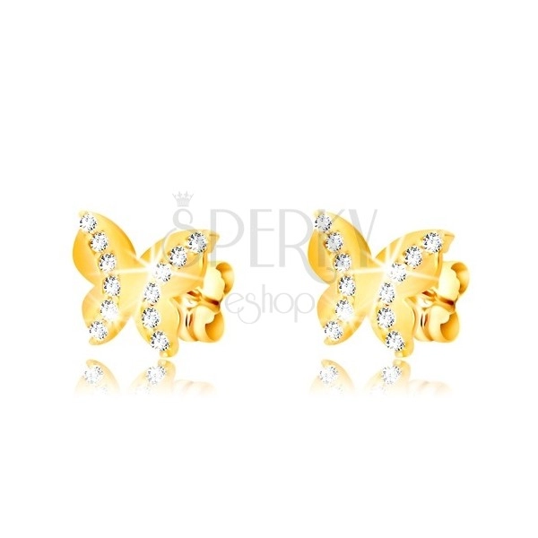 Fülbevaló 375 sárga aranyból - fényes pillangó, két lekerekített cirkónia vonal, stekkeres