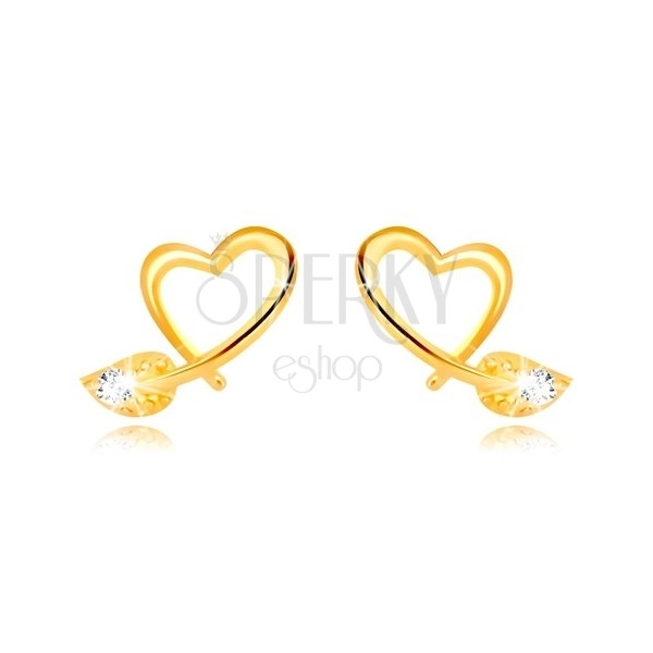 9K sárga arany fülbevaló - aszimmetrikus szív körvonala, levél cirkóniával