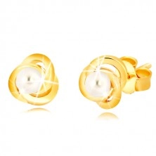 9K sárga arany fülbevaló - három összefonódó gyűrű, édesvízi gyöngy fehér színben, 3 mm