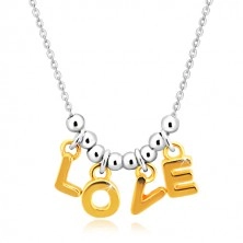925 ezüst nyaklánc - lánc, "L-O-V-E" betűk arany színárnyalatban és golyók