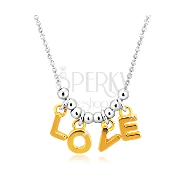 925 ezüst nyaklánc - lánc, "L-O-V-E" betűk arany színárnyalatban és golyók