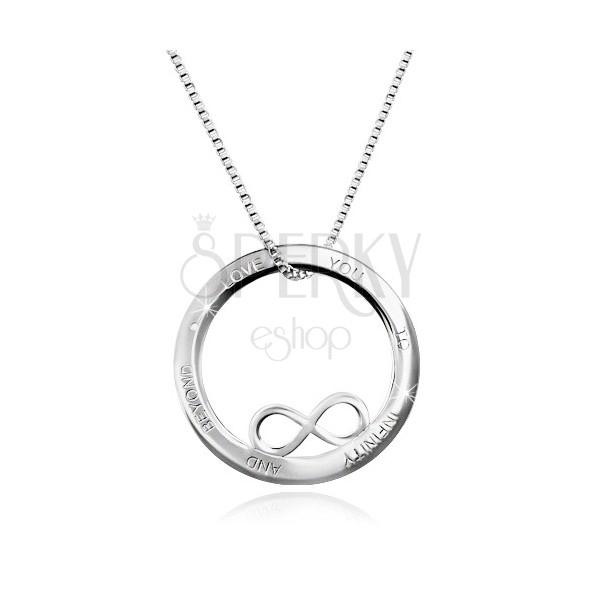 925 ezüst nyaklánc - kör körvonala végtelenség szimbólummal, felirat, szögletes lánc