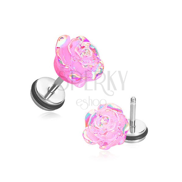 Fake plug akrilból - nyíló rózsaszínű rózsa szivráványszínű tükrözödésekkel