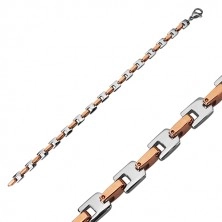 Acél karkötő - egymásra merőlegesen összekapcsolt U-elemek rózsaarany és ezüst színben, 6 mm