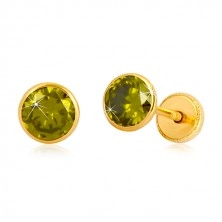 585 sárga arany fülbevaló - kerek olivazöld cirkónia, csavarható zár, 5 mm