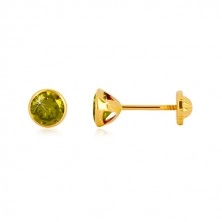 585 sárga arany fülbevaló - kerek olivazöld cirkónia, csavarható zár, 5 mm