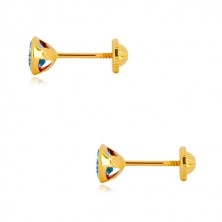 14K sárga arany fülbevaló - világoskék cirkónia, csavarható zár, 5 mm