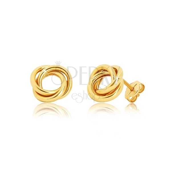 Beszúrós fülbevaló 375 sárga aranyból - három fényes összefonódó gyűrű