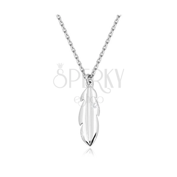 925 ezüst nyaklánc - fényes toll átlátszó kerek briliánssal, csillogó lánc