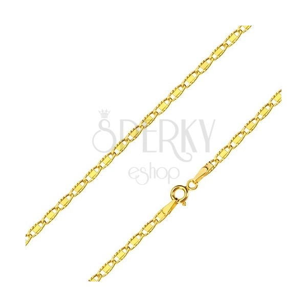 14K sárga arany nyaklánc - ovális láncszem bevéséssel és téglalappal, 500 mm