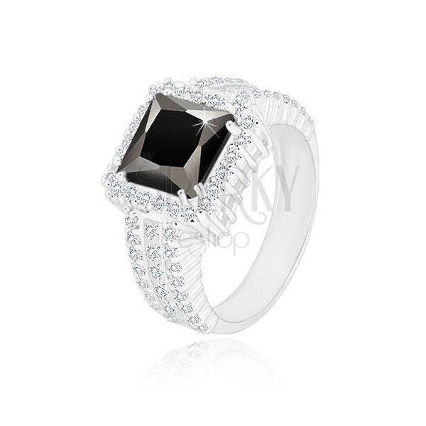 925 ezüst gyűrű - fekete négyzet alakú cirkónia, kristálytiszta cirkónia szegély és sín