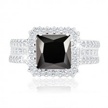 925 ezüst gyűrű - fekete négyzet alakú cirkónia, kristálytiszta cirkónia szegély és sín
