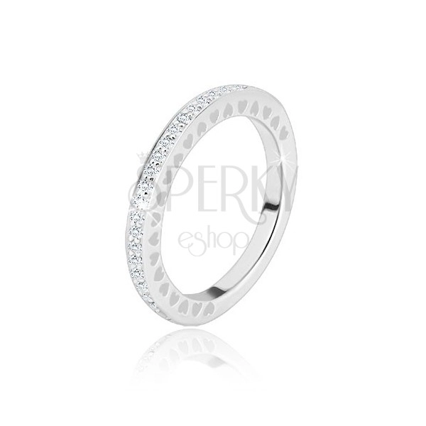 925 ezüst karikagyűrű - kristálytiszta fényes cirkónia, apró szív alakú rések