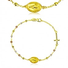 925 ezüst karkötő arany színben - három színű golyók, medalion és kereszt