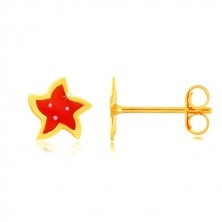 Fülbevaló 14K sárga aranyból - csillag öt ággal, piros mázzal és három pöttyel