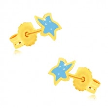 585 arany sárga fülbevaló - ötágú csillag, kék zománccal és három ponttal