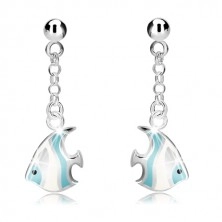 925 ezüst fülbevaló - gyöngy és fehér-kék tengeri hal láncon, stekker