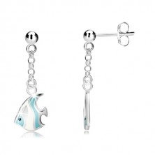 925 ezüst fülbevaló - gyöngy és fehér-kék tengeri hal láncon, stekker