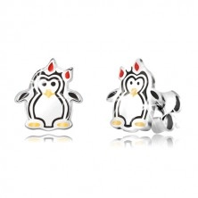 925 ezüst fülbevaló - fényes pingvin masnival, háromszínű zománc