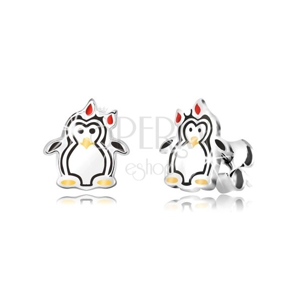 925 ezüst fülbevaló - fényes pingvin masnival, háromszínű zománc
