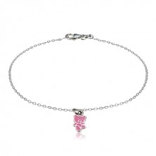 925 ezüst karkötő - maci rózsaszín fénymázzal díszítve, fényes lánc